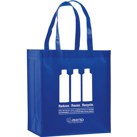 laminated royal blue grocery bag with white print