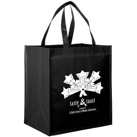 laminated black grocery bag with white print