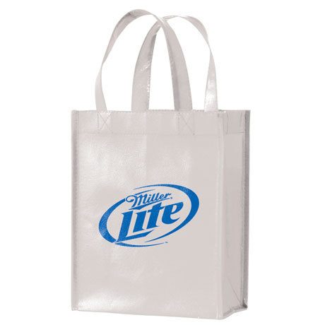 white laminated tote bag with blue imprint