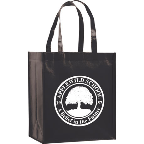 black little storm laminated tote bag with white imprint