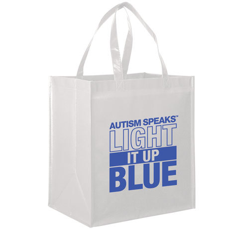 white laminated bag with blue imprint