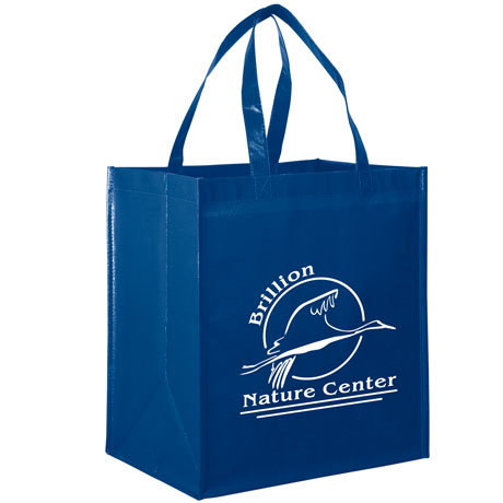 royal blue laminated tote bag with white imprint