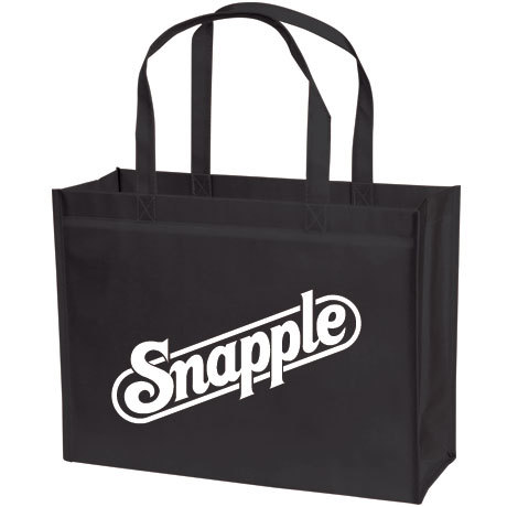 black laminated tote with white imprint