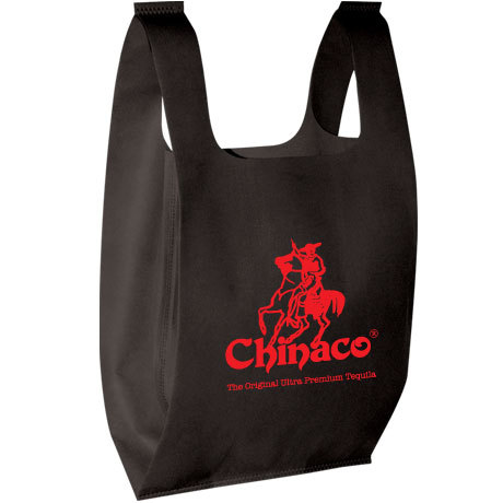 black t-shirt tote bag with red imprint